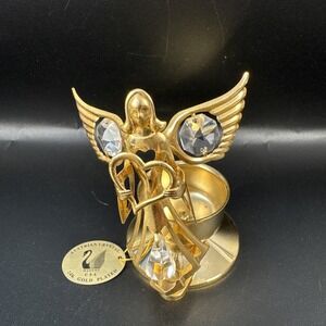 VTG 24K Gold Plated Angel Candle Holder Austrian Crystal Mascot Inc. USA